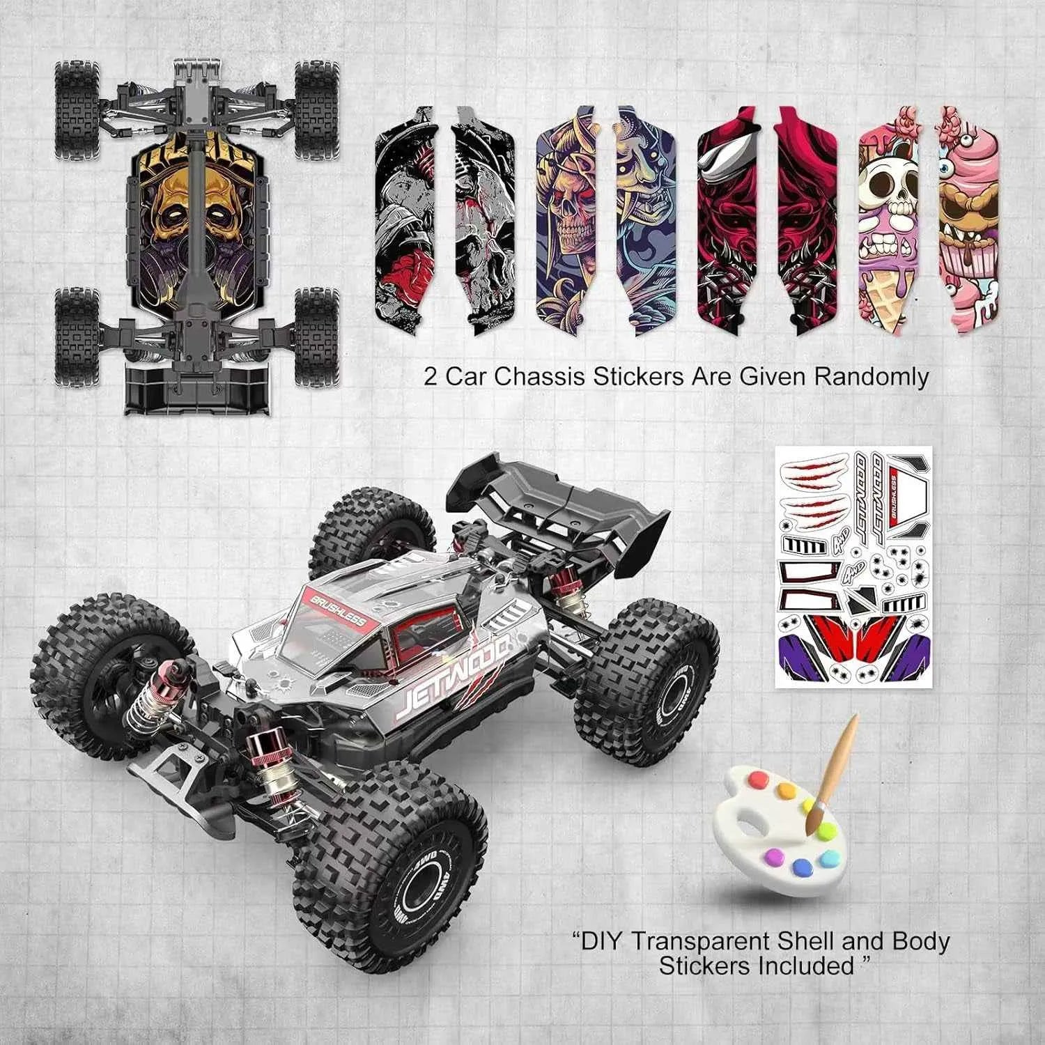 Monster truck chassis with customizable stickers on a gray background