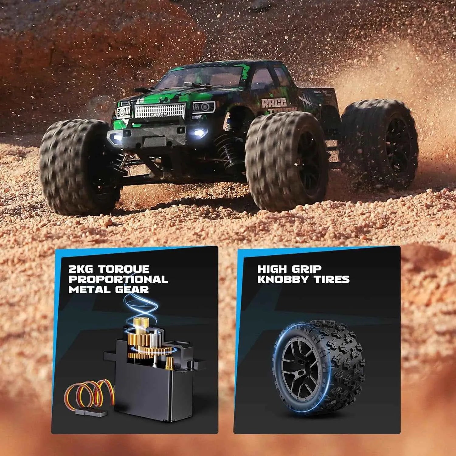 Monster truck on a dirt track with close-up of motor and tire details.