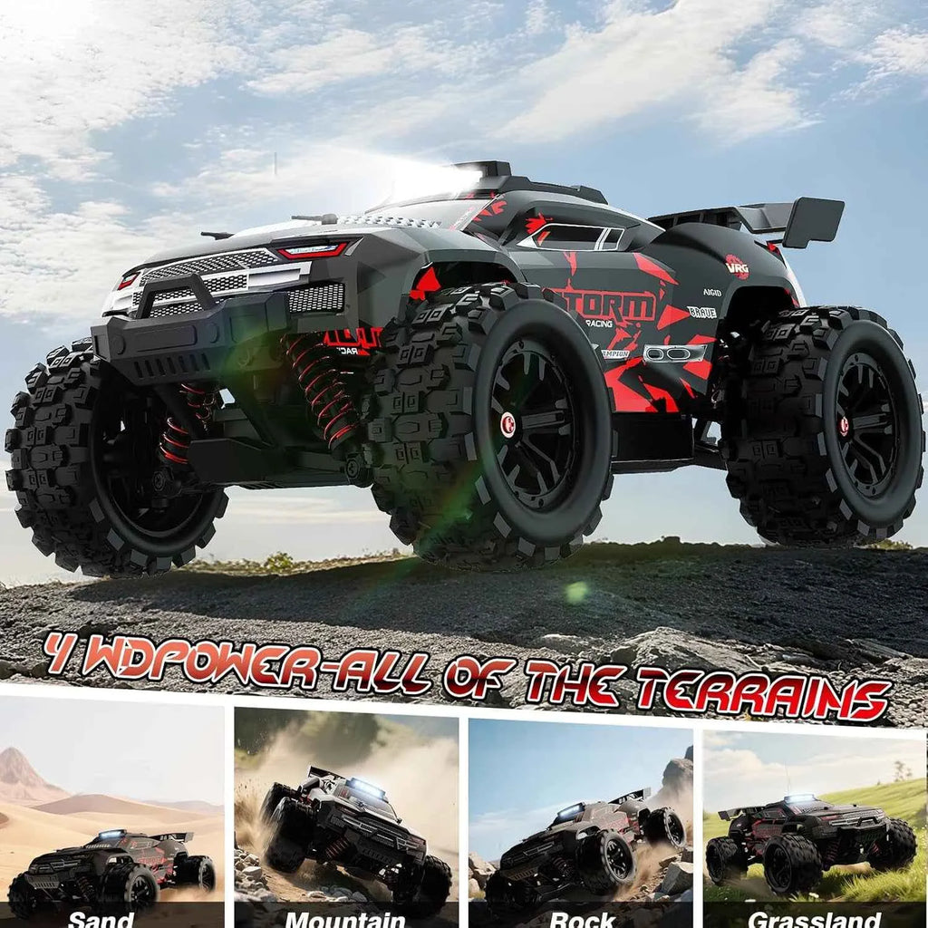 Monster truck on a rocky terrain with promotional text about its capabilities.