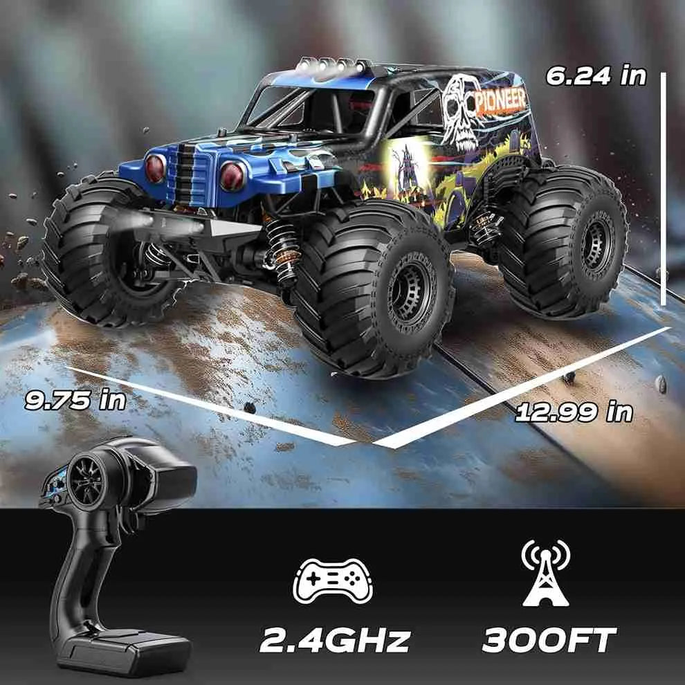 Monster truck toy with remote control and measurements on a dark background