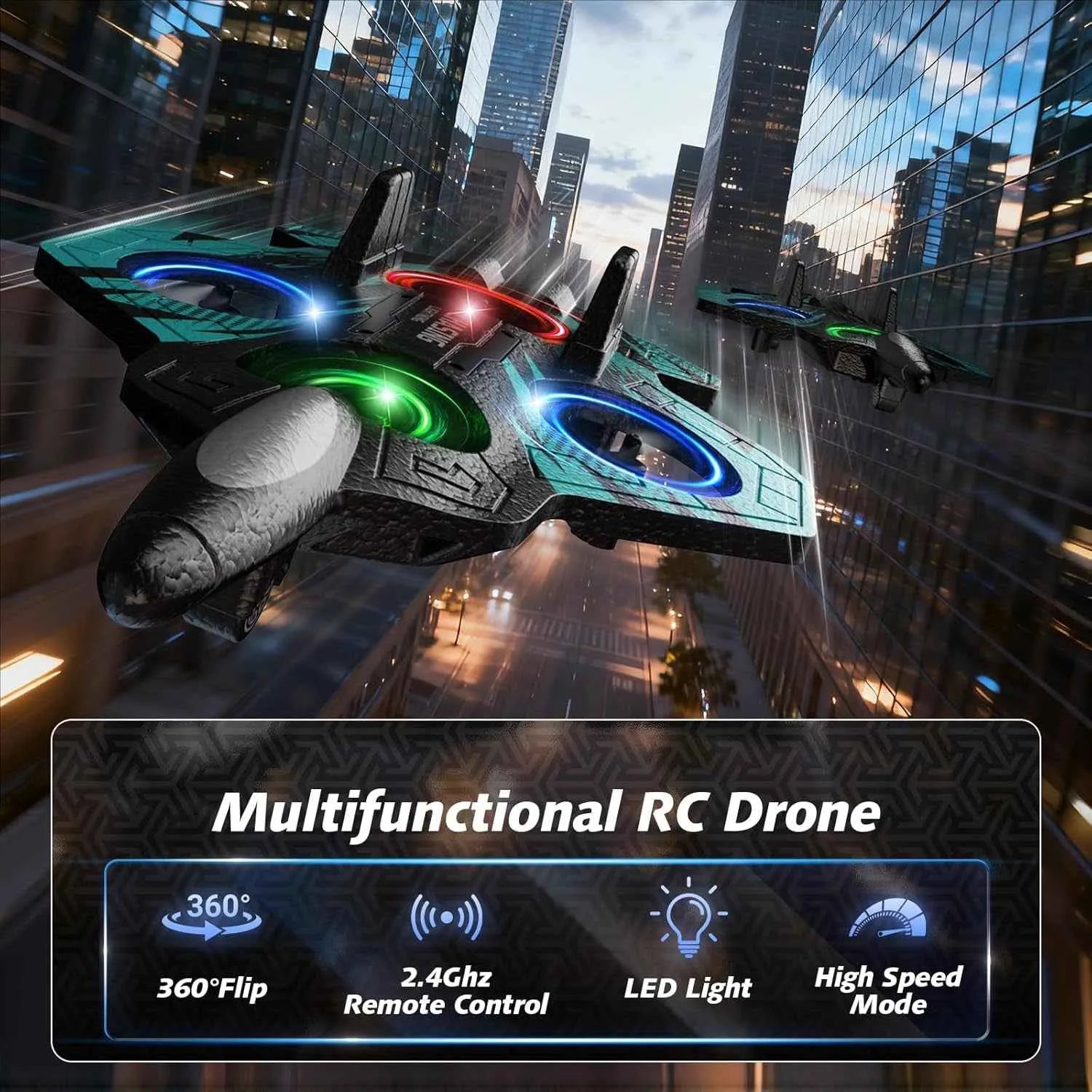 Multifunctional RC drone with LED lights flying over a cityscape
