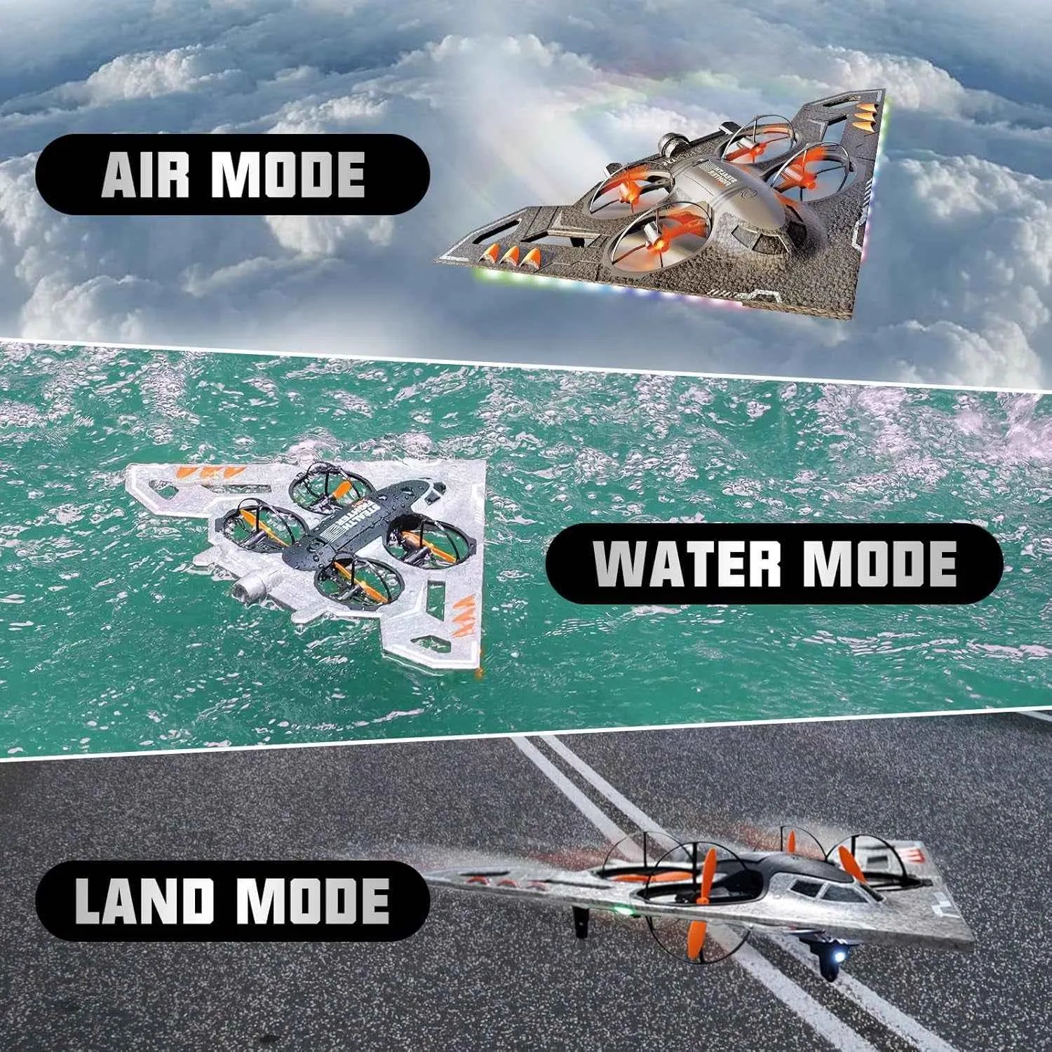Multimode RC drone in air, water, and land modes with labeled modes.