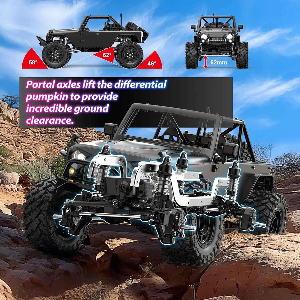 Off-road crawler with detailed cutaway showing portal axles and ground clearance, set against a desert landscape.