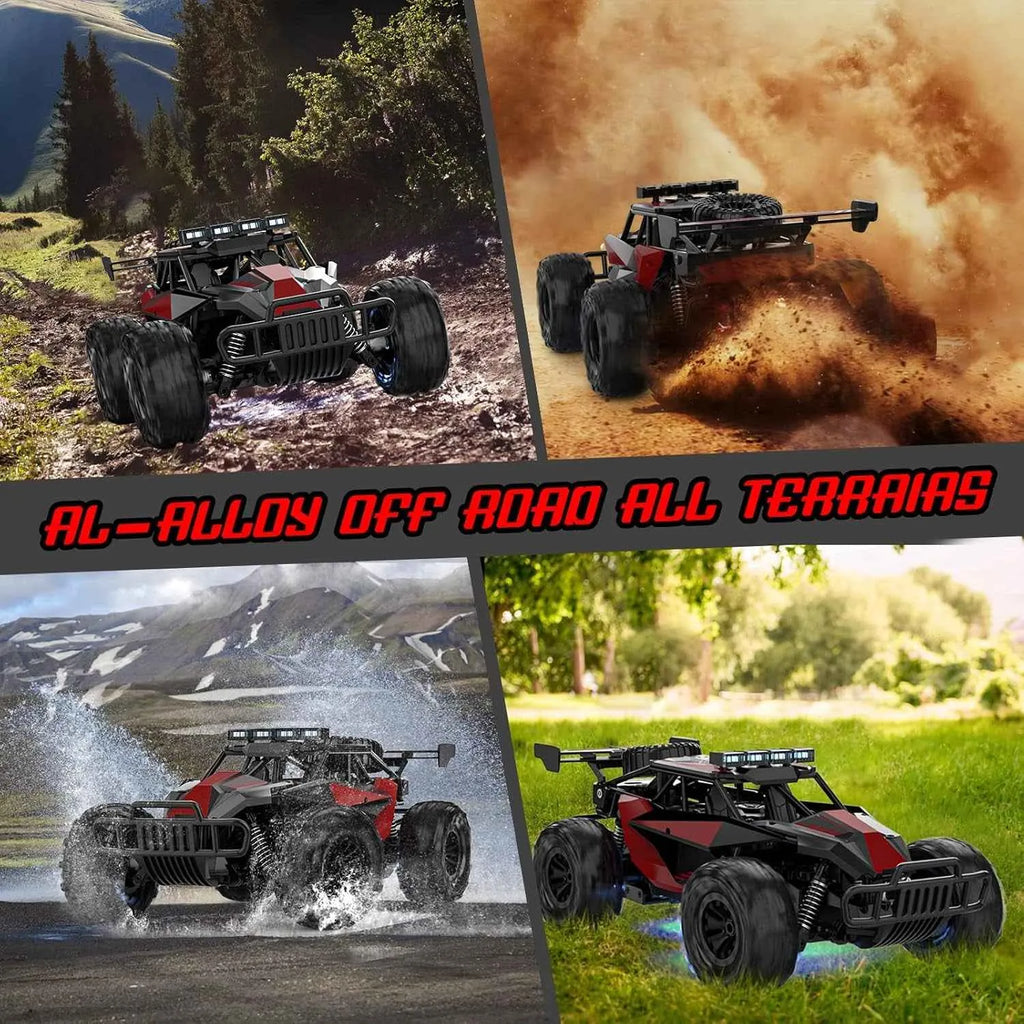 Off-road monster truck in various terrains with promotional text overlay.