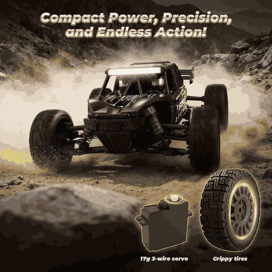 Off-road vehicle with text 'Compact Power, Precision, and Endless Action!' on a mountainous terrain.