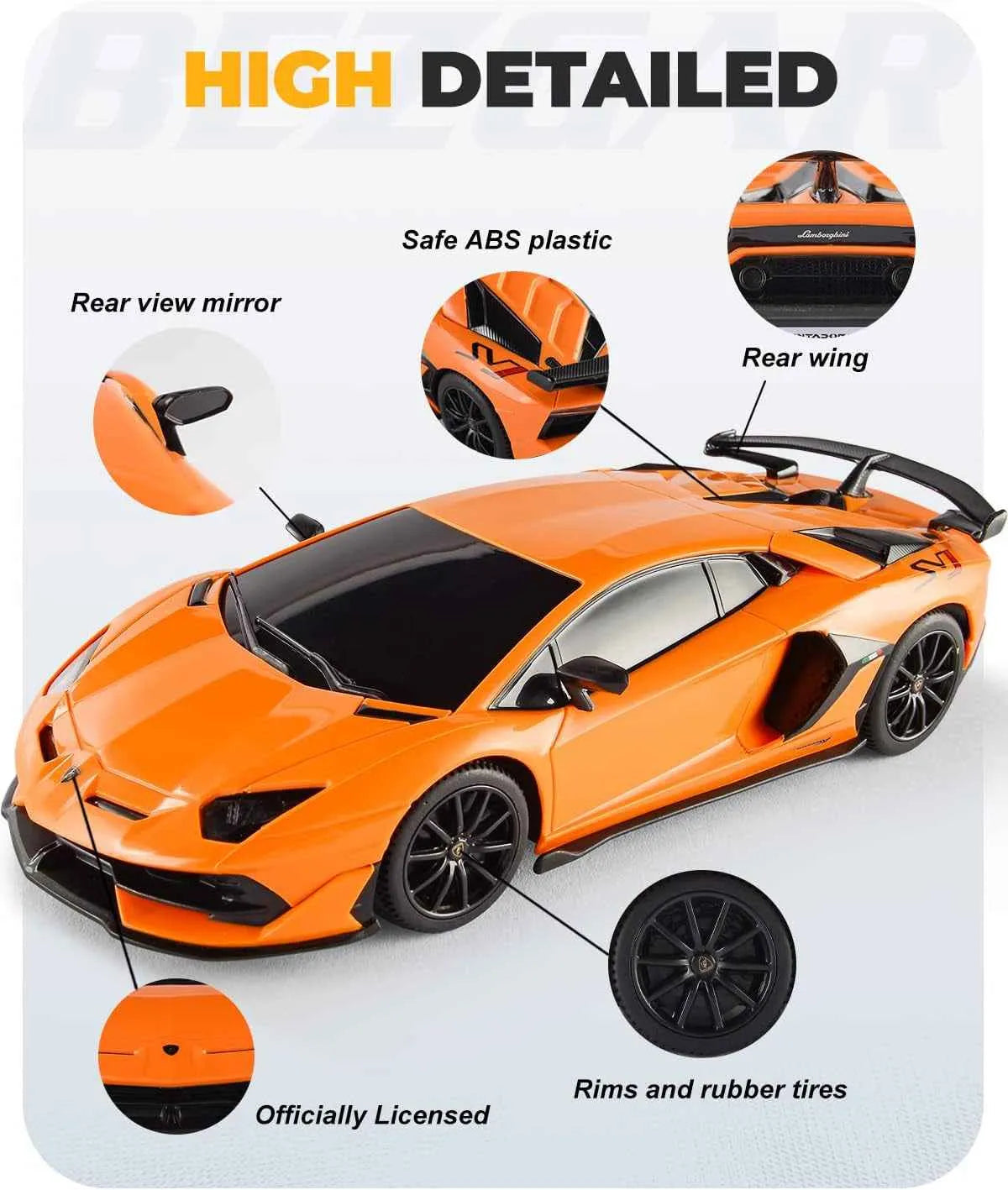 Orange RC sports car with features highlighted on a white background