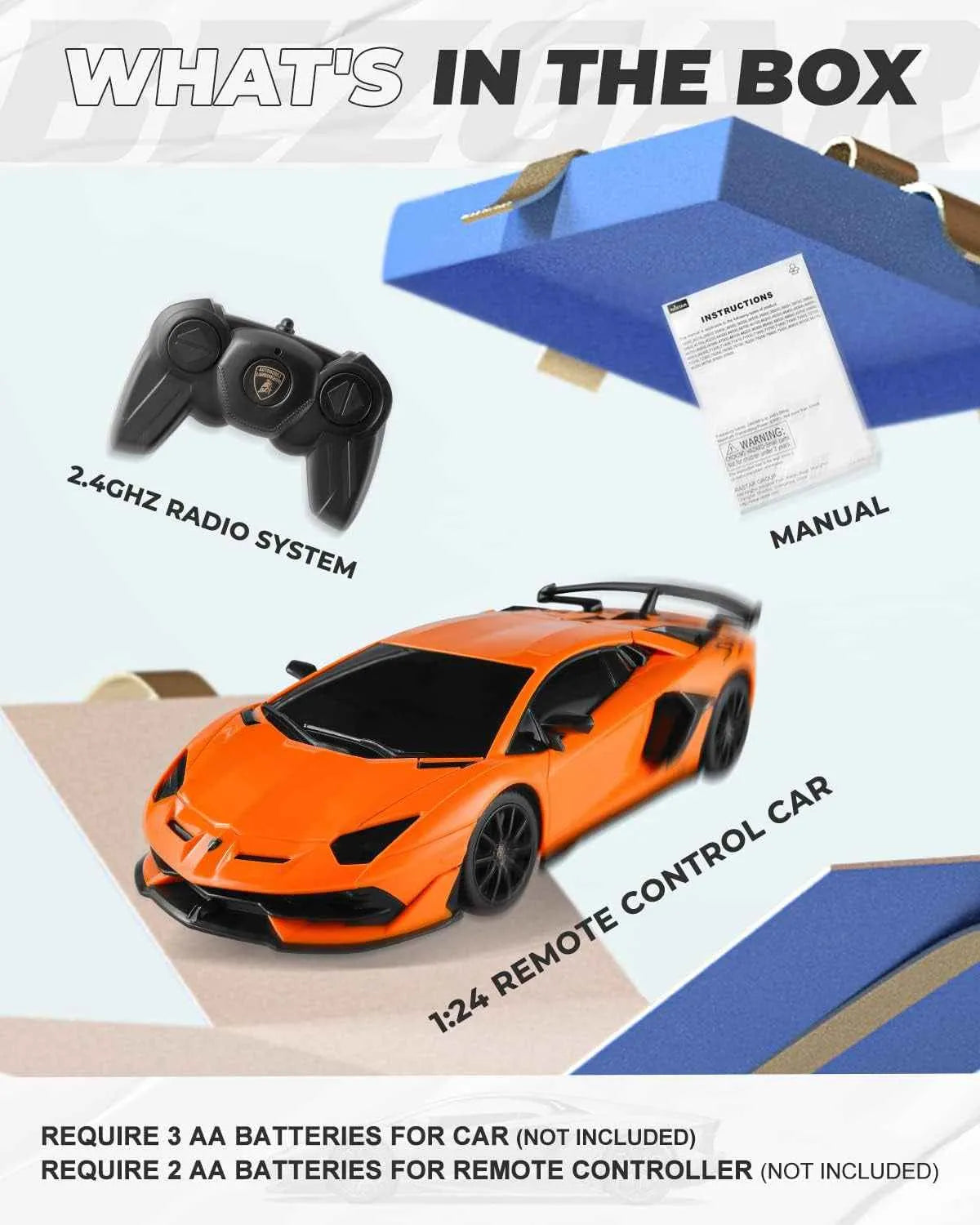 Orange remote control sports car with 2.4GHz radio system and manual in a box