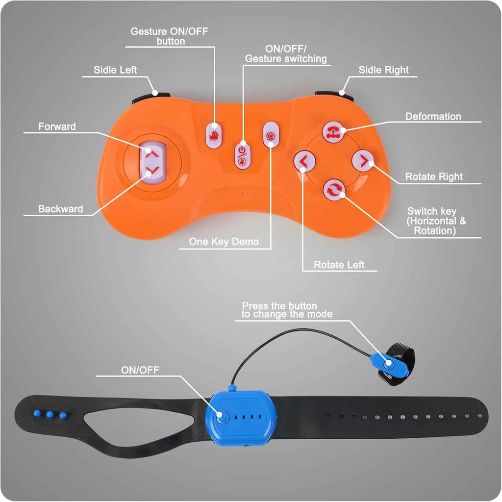 Orange remote control with labeled buttons and a black strap with blue button on a gray background