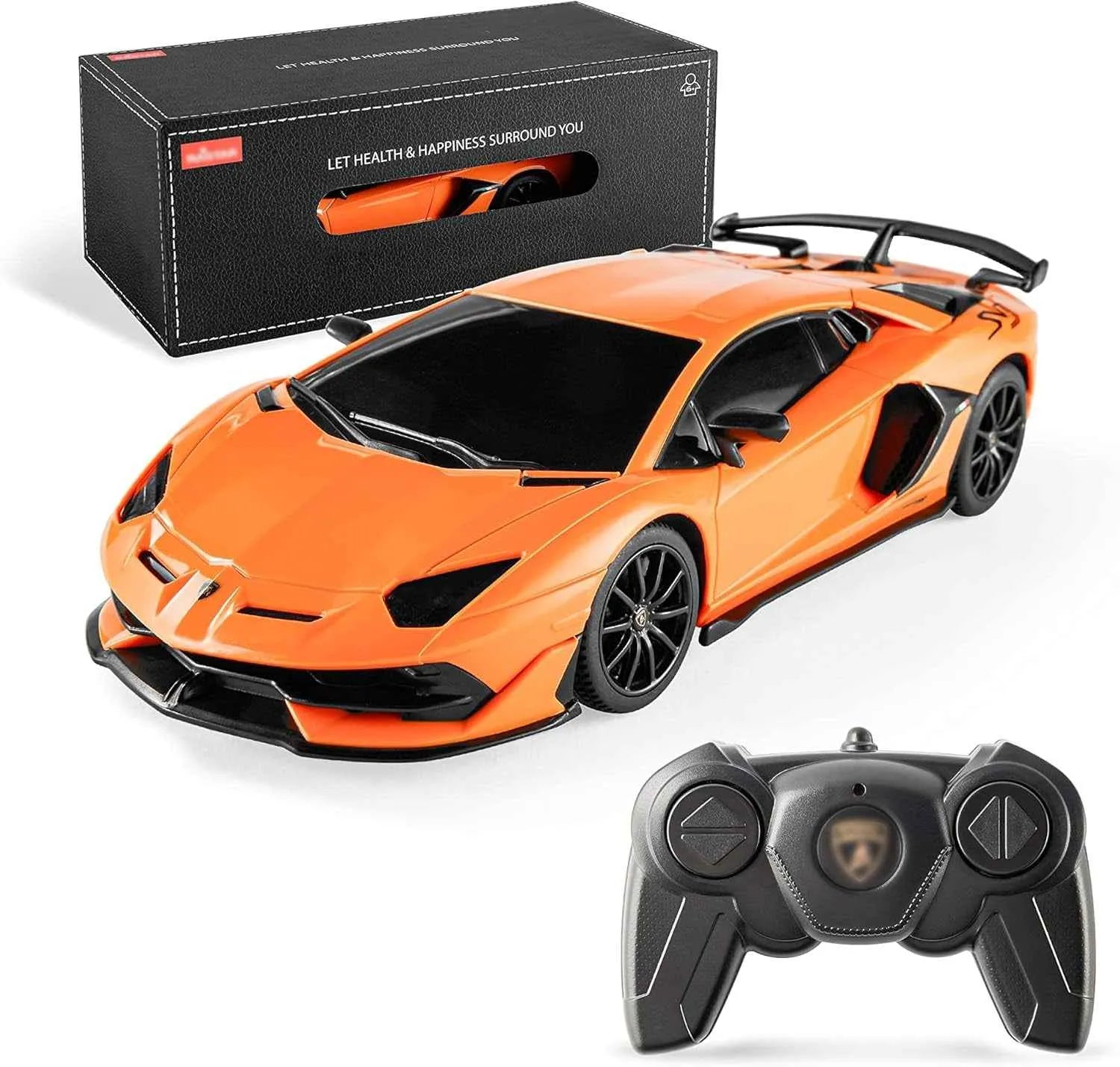 Orange sports car with black wheels and a remote control on a white background