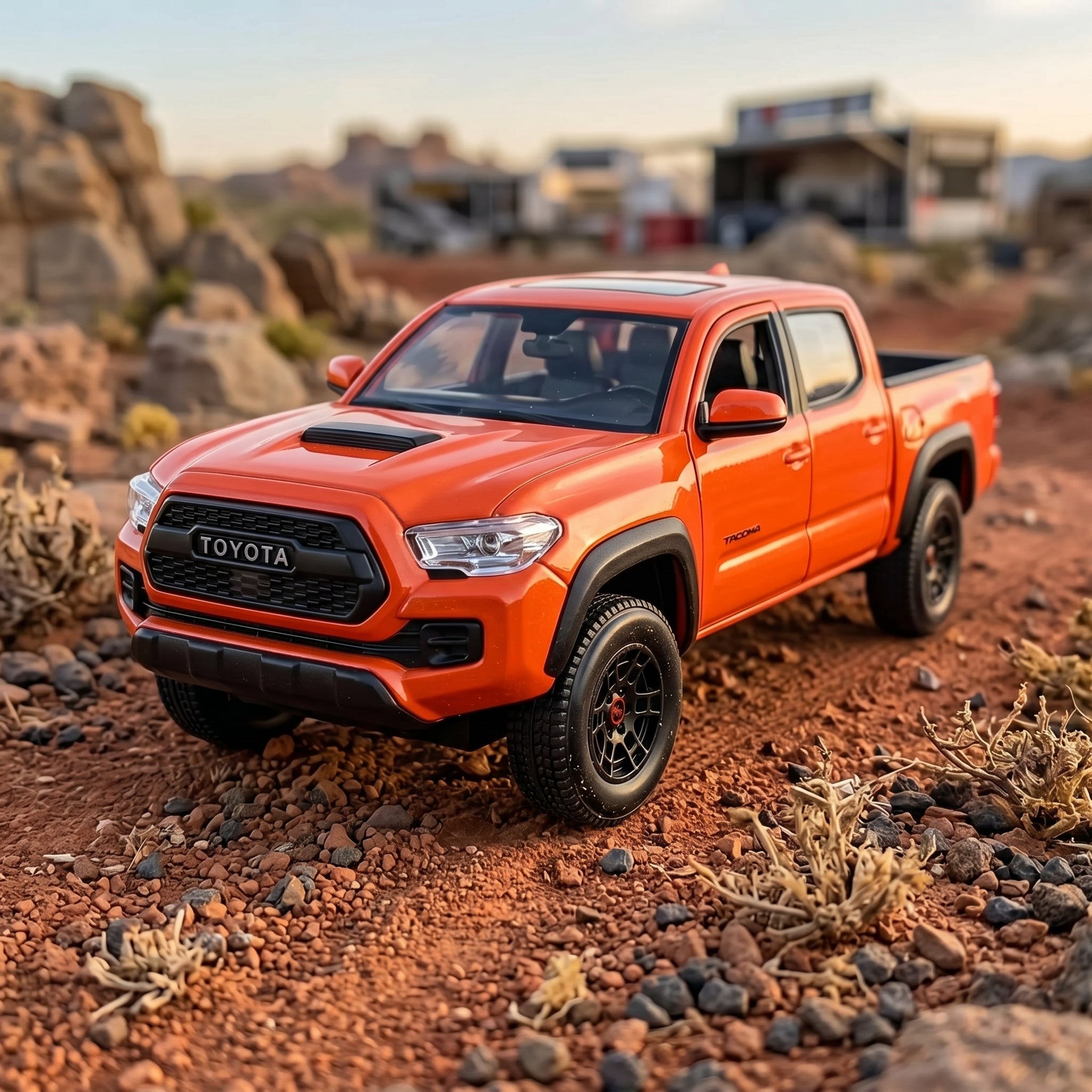 Orange Toyota RC truck on a rocky desert landscape