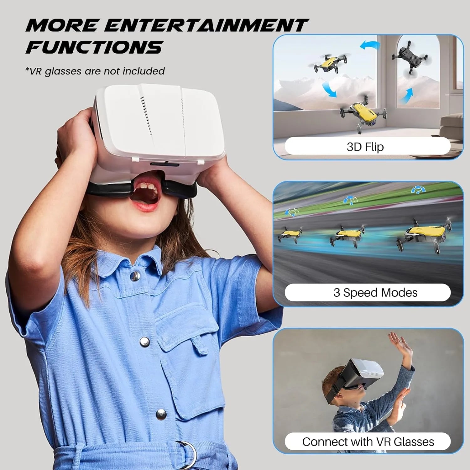 Person wearing a VR headset with 3D flip, 3 speed modes, and drone control features displayed.