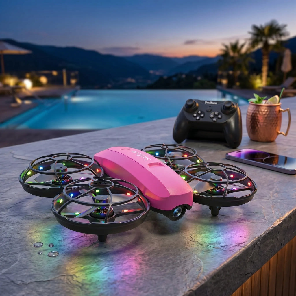 Pink RC drone with LED lights on a table by a pool at dusk