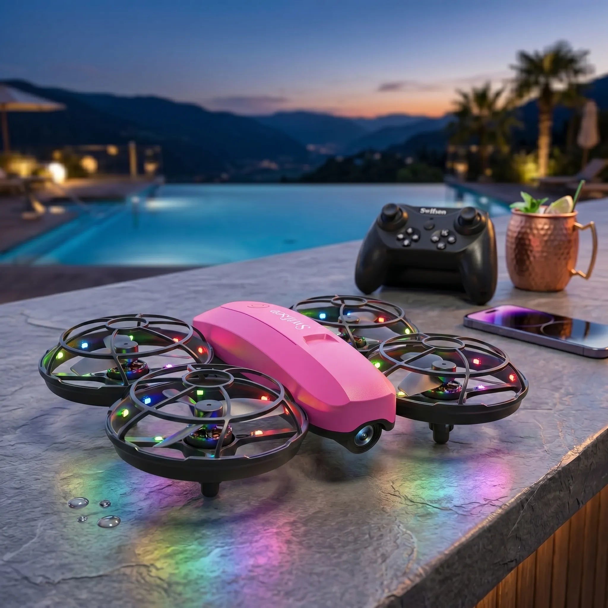 Pink RC drone with LED lights on a table by a pool at dusk
