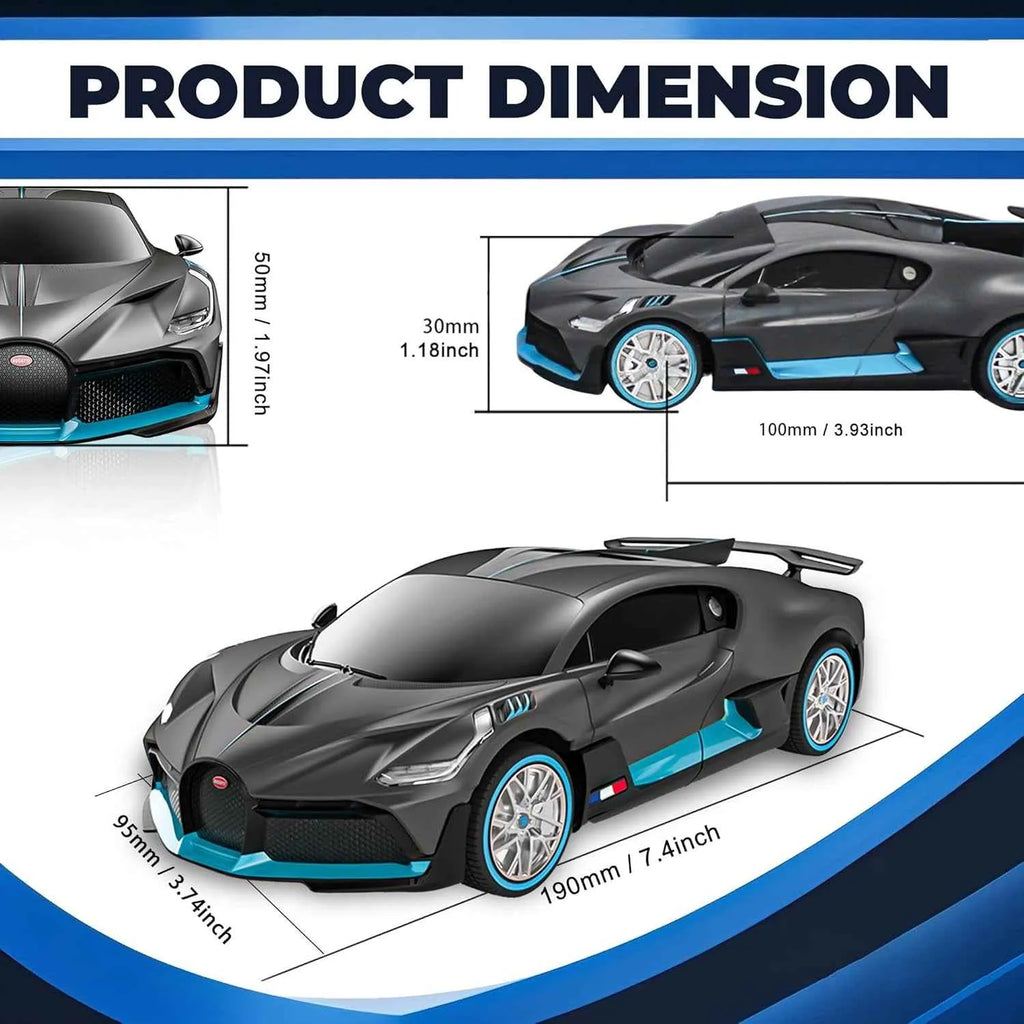 Product dimensions of a model sports car with measurements in millimeters and inches.