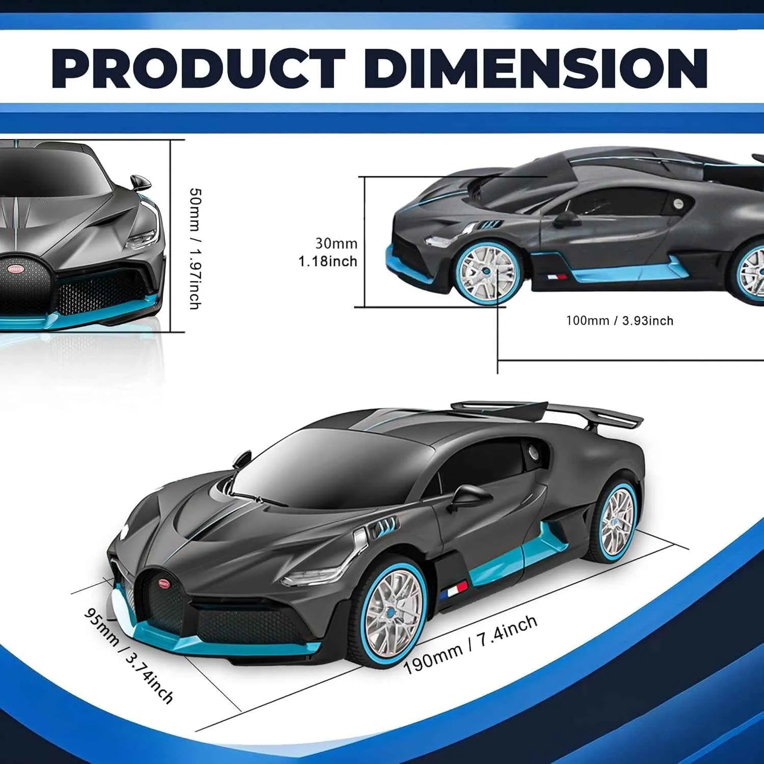 Product dimensions of a model sports car with measurements in millimeters and inches.
