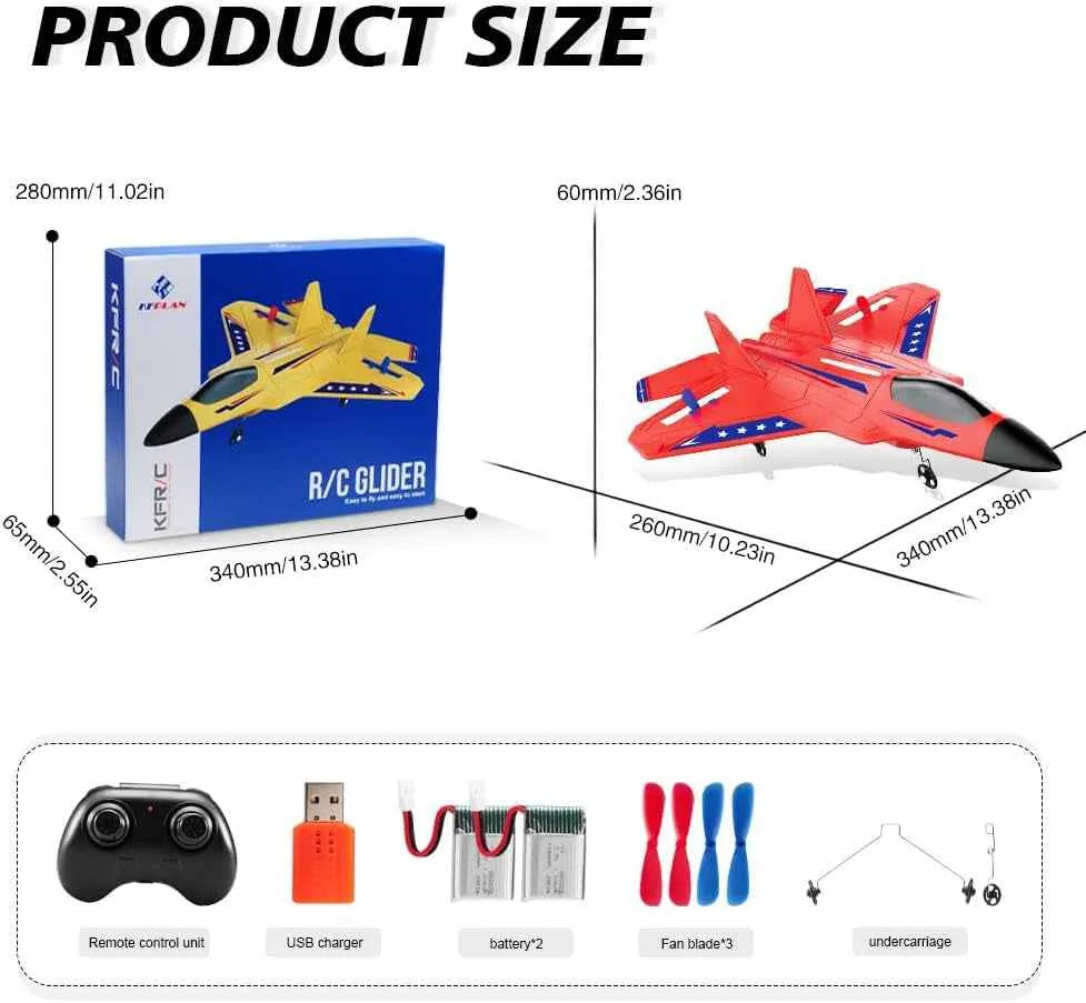 Product size chart with RC glider, packaging, and components on a white background
