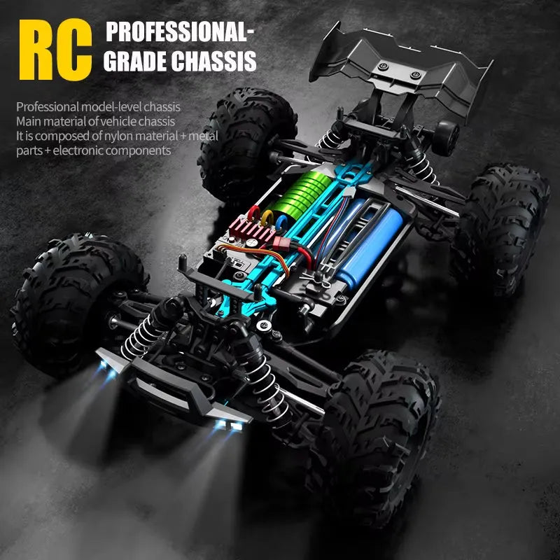 Professional-grade RC car chassis with detailed components on a dark background