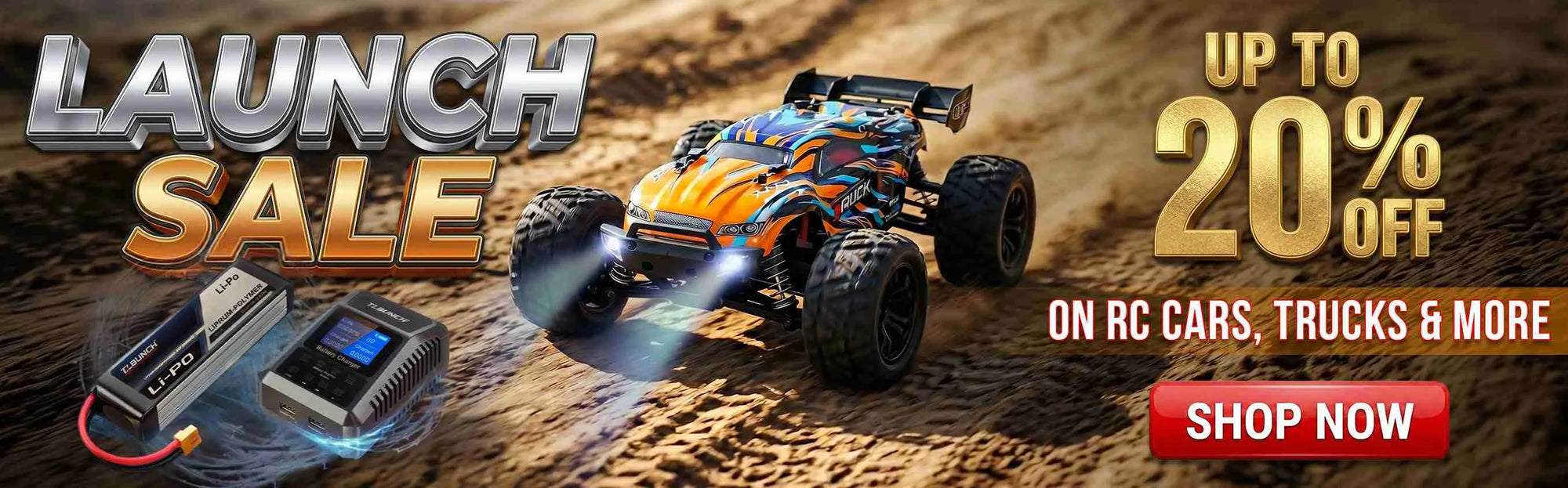 Promotional banner for a launch sale on RC cars and trucks with a discounted offer.