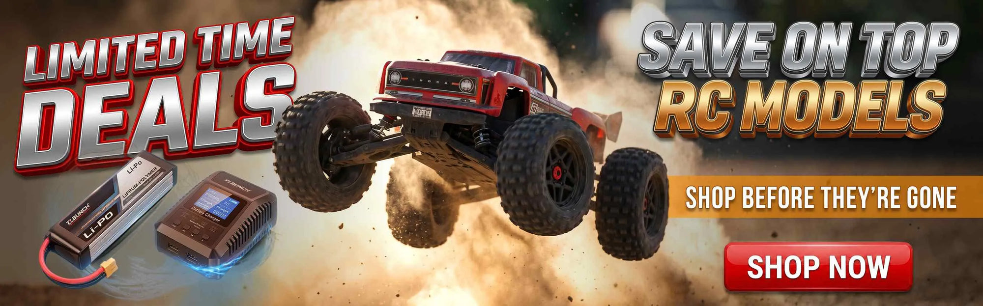 Promotional banner for limited time deals on RC models with a red monster truck and batteries.