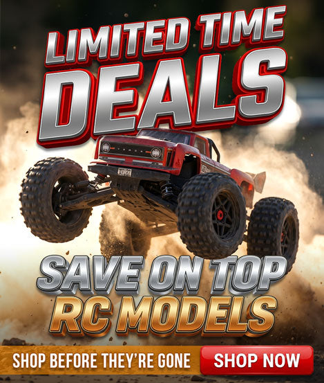 Promotional graphic for limited time deals on RC models with a red toy truck in the air.