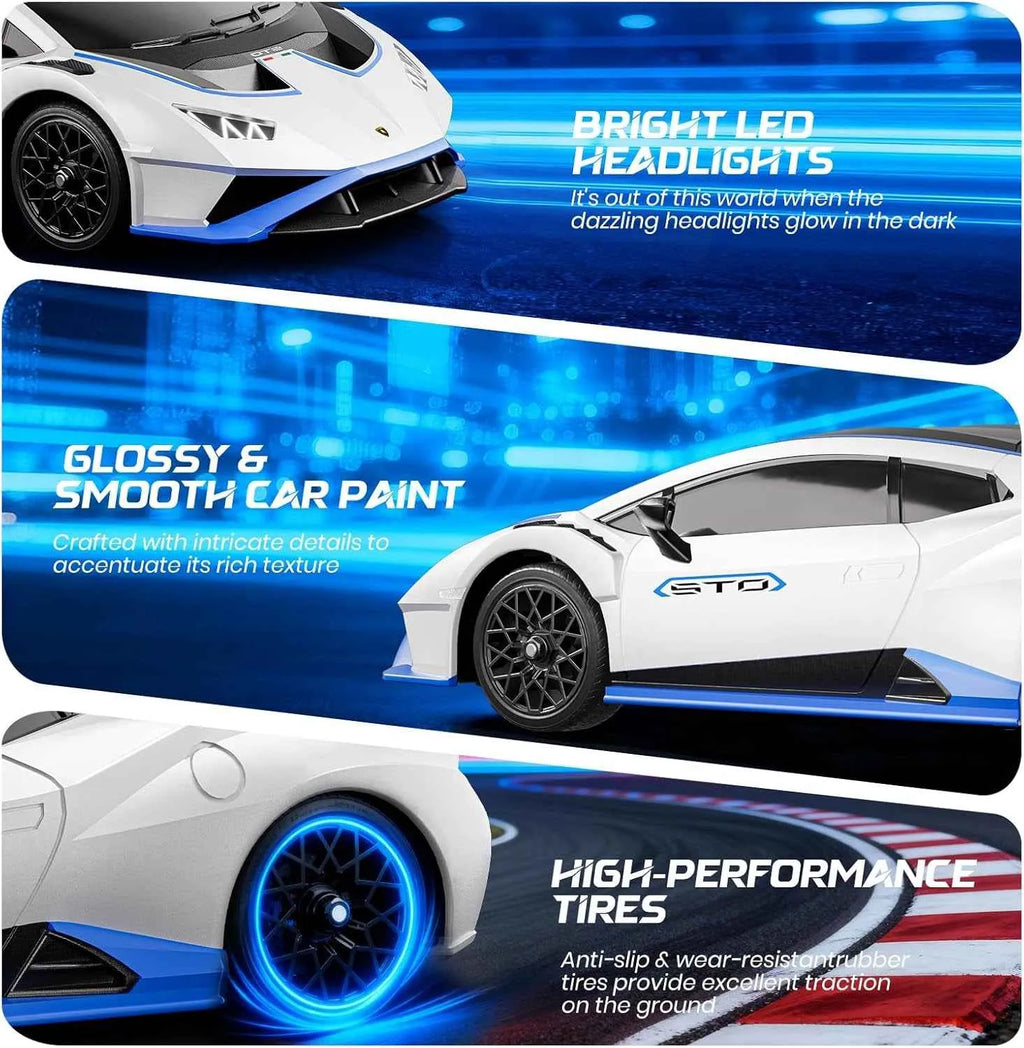 Promotional graphic of a white RC sports car with features highlighted on a blue background.