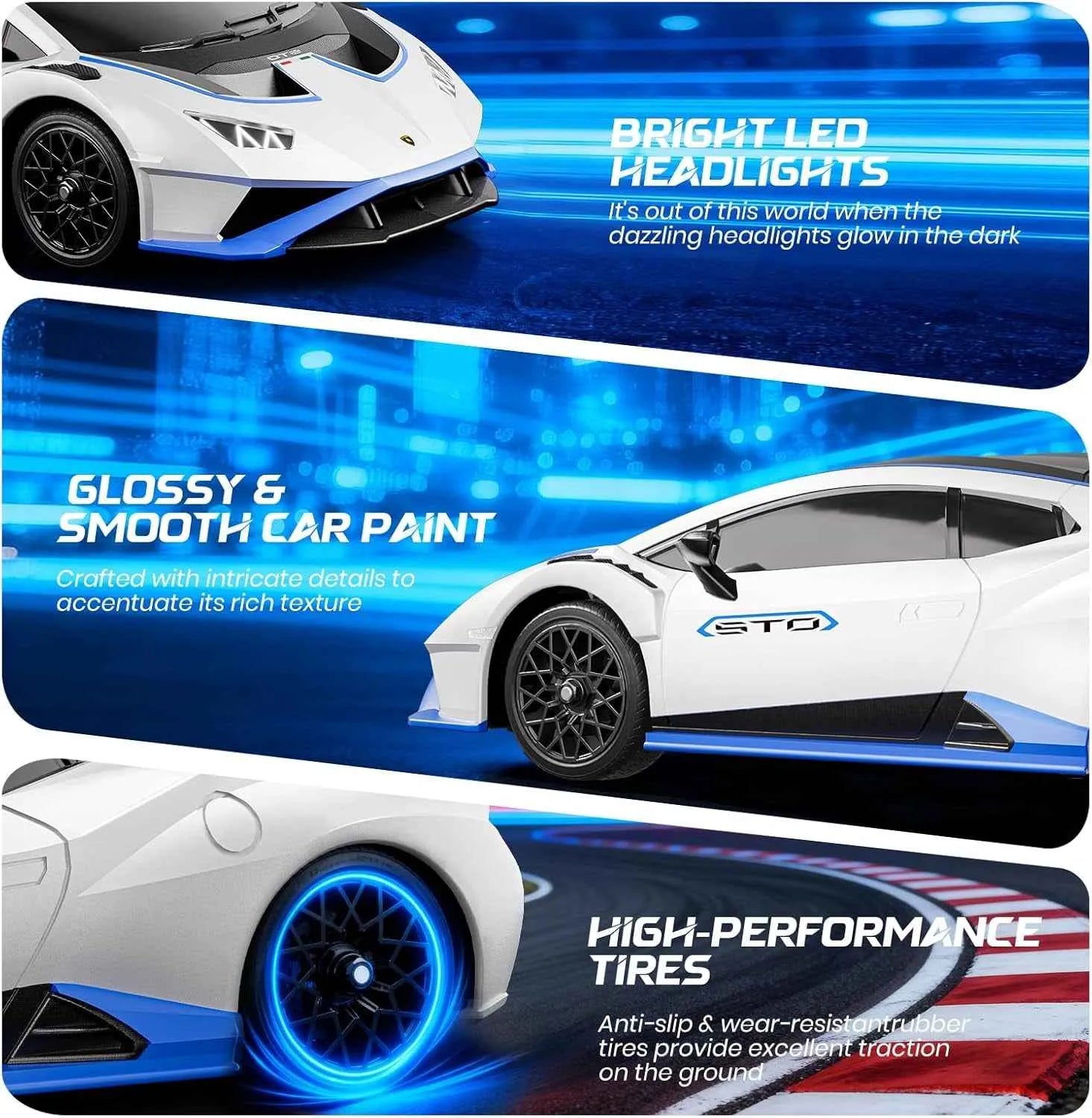 Promotional graphic of a white RC sports car with features highlighted on a blue background.
