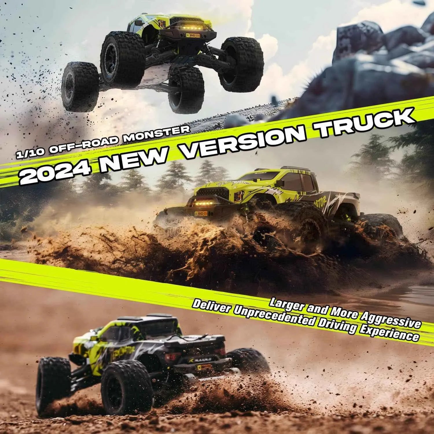 Promotional image of a 2024 off-road monster truck with dynamic action shots on a dirt track.