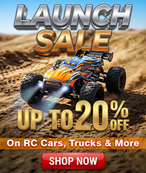 Promotional image of an RC car with a 'Launch Sale' text overlay on a desert background.