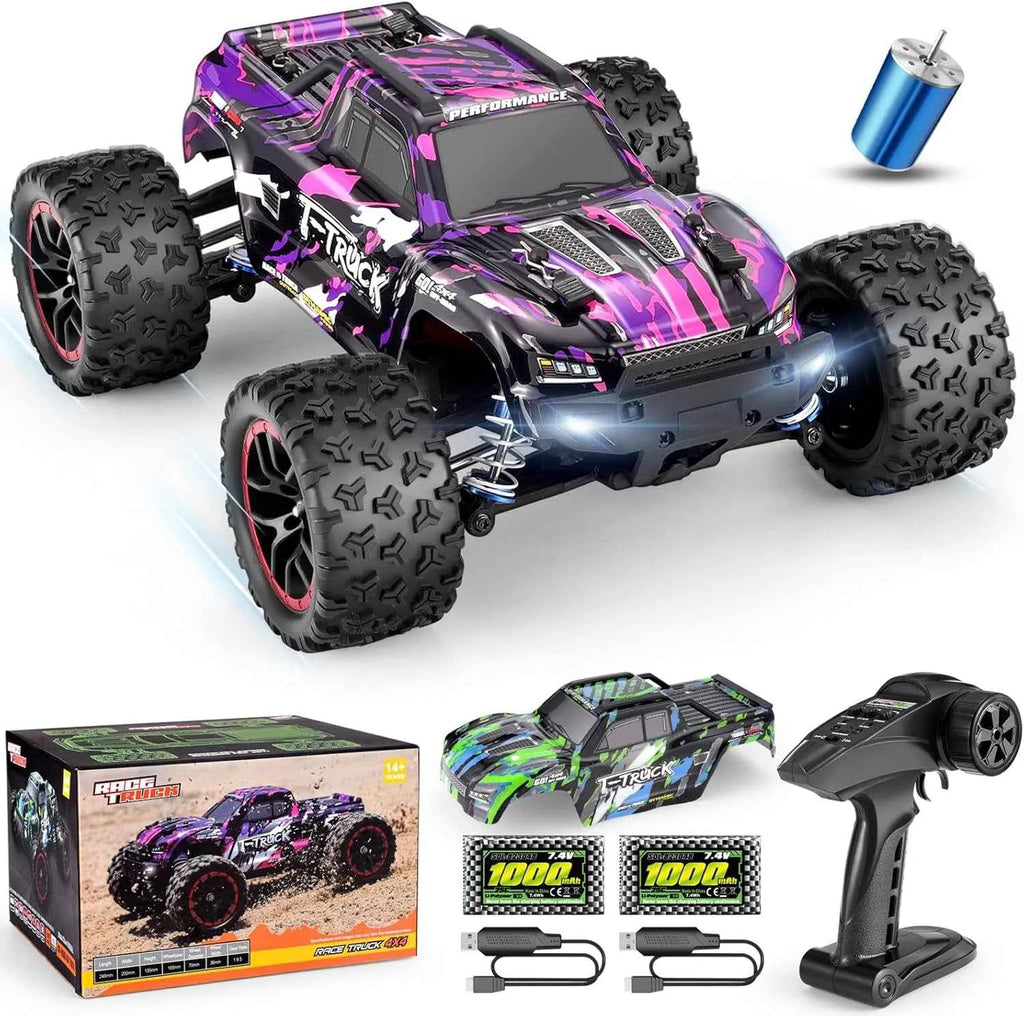 Purple and black remote control monster truck with accessories on a white background