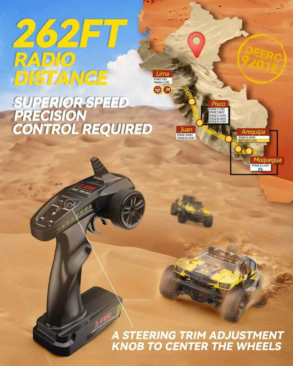 Radio control truck set with remote control on a desert map background, highlighting radio distance and features.