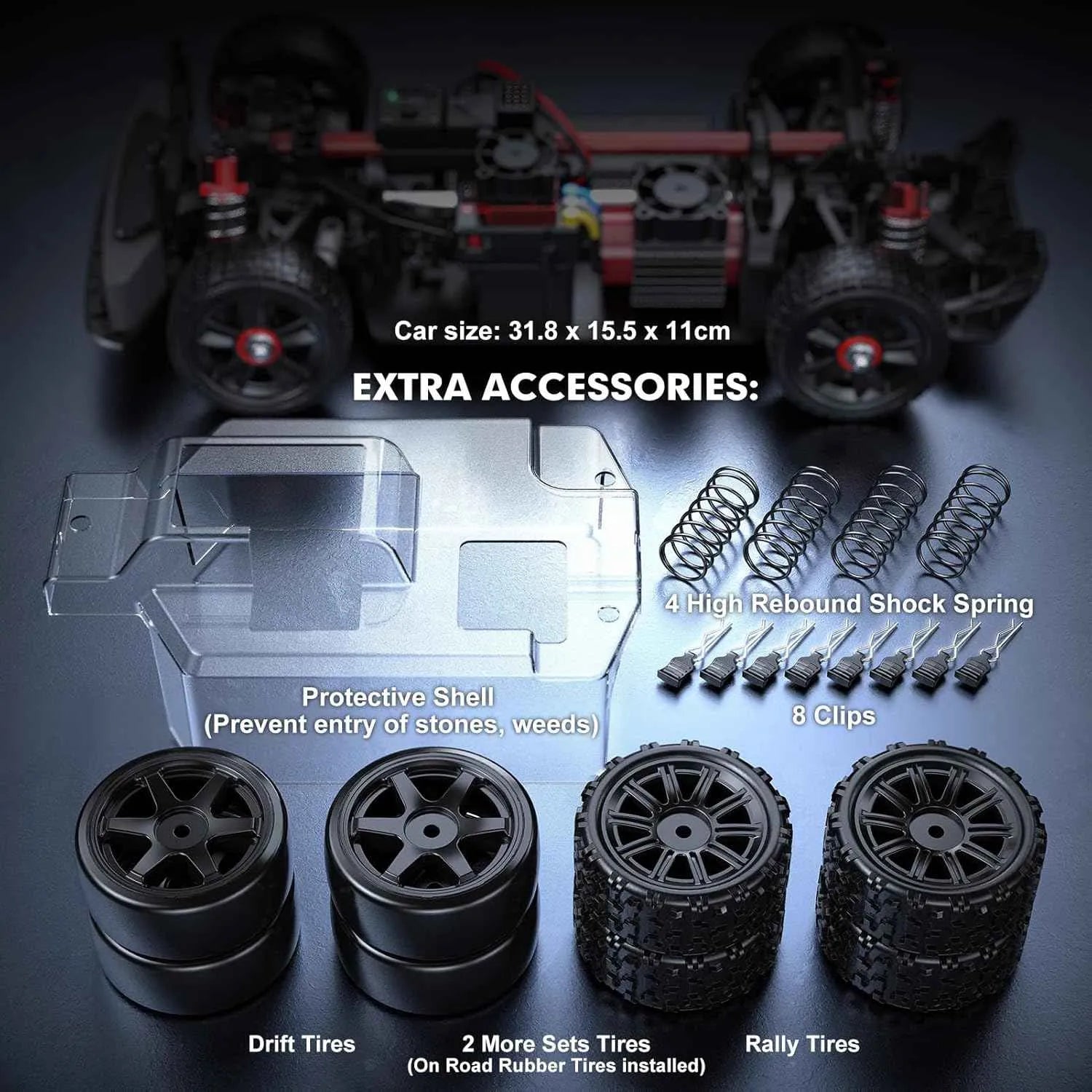 RC drift car accessories including extra drift tires, rally tires, shock springs and clips for ready to run 4WD RC truck