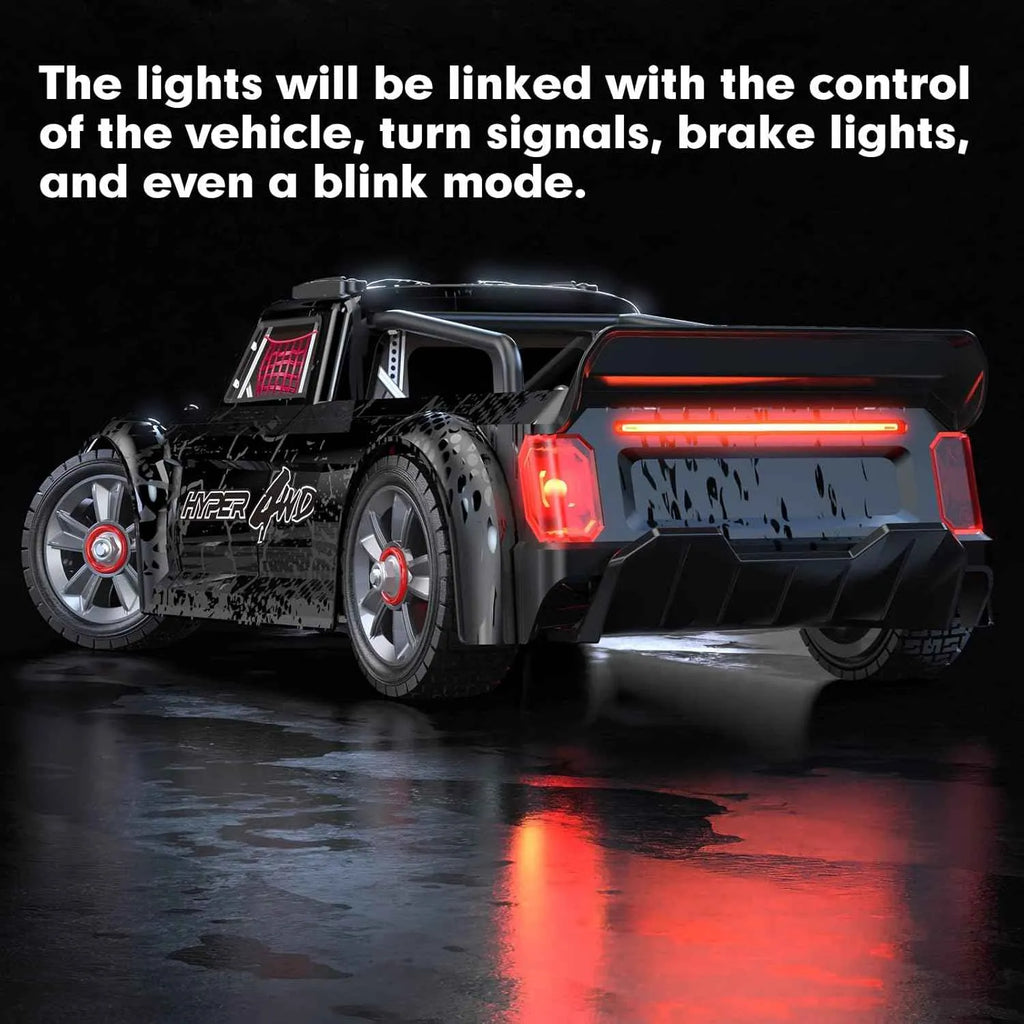RC drift car with LED brake lights, turn signals and blink mode, 4WD RC truck body for realistic night driving