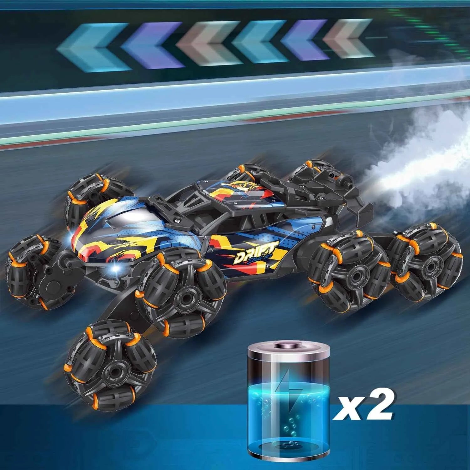 RC 8 wheel stunt car with 2 batteries on a road racing