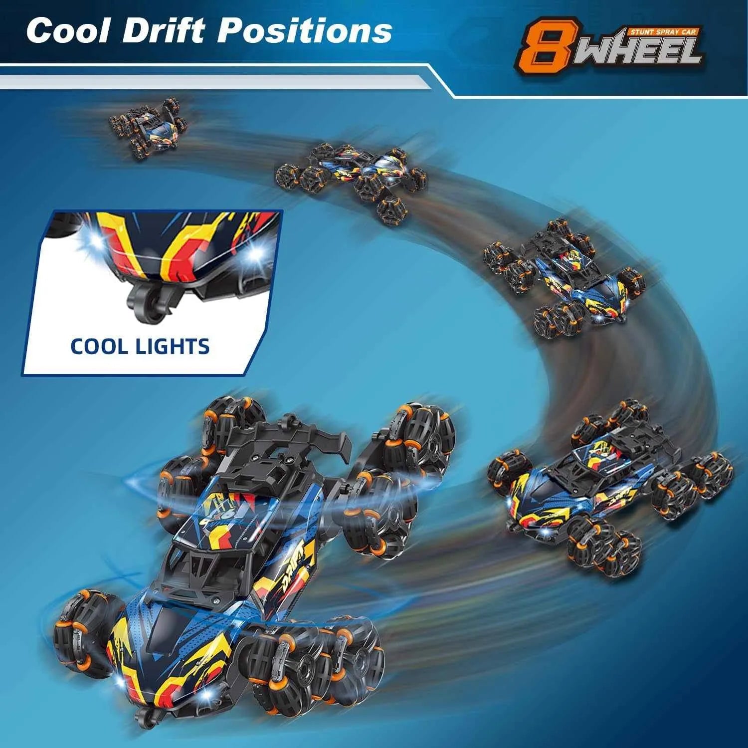 RC 8 wheel stunt car with cool lights and cool drift position.