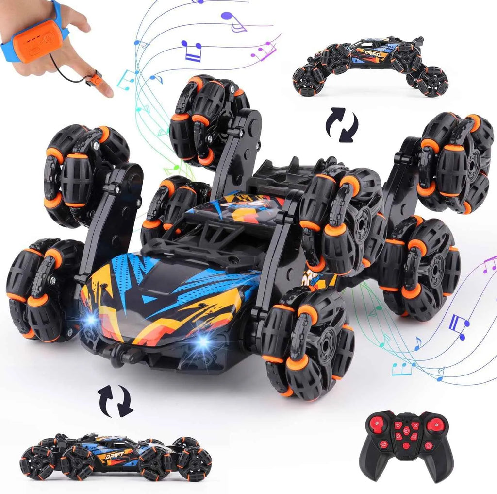 RC 8 wheel stunt car with hand gesture and remote control on a white background.
