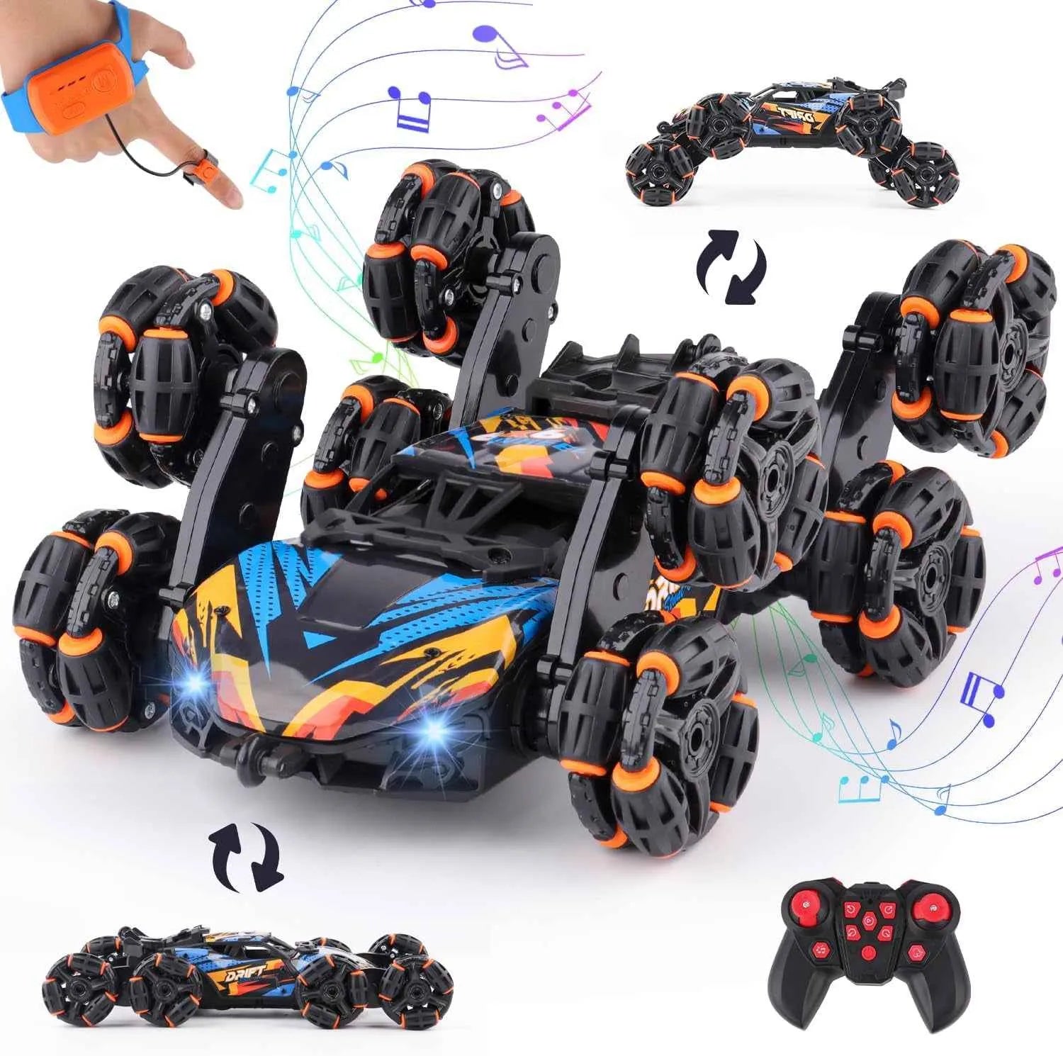 RC 8 wheel stunt car with hand gesture and remote control on a white background.