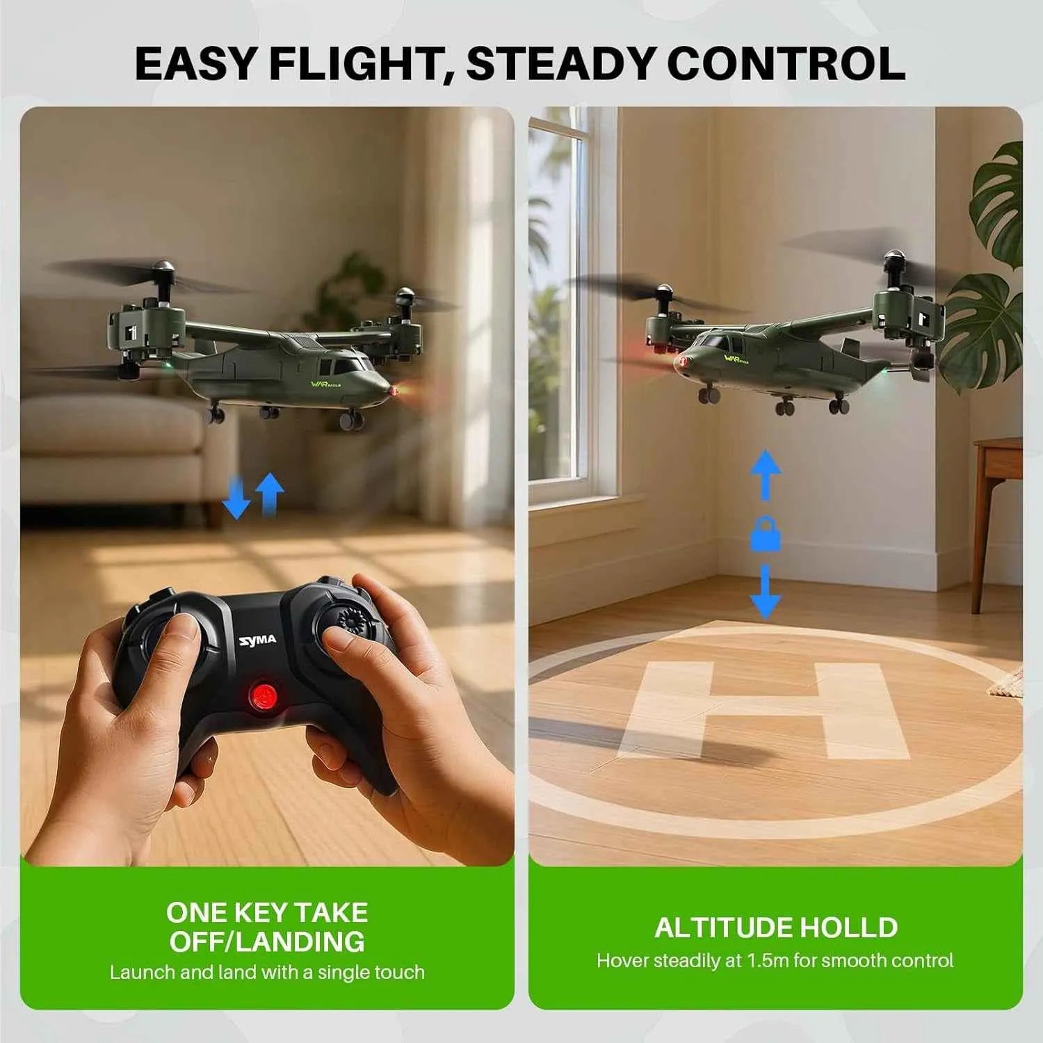RC aircraft flying indoors with controller and text highlighting features