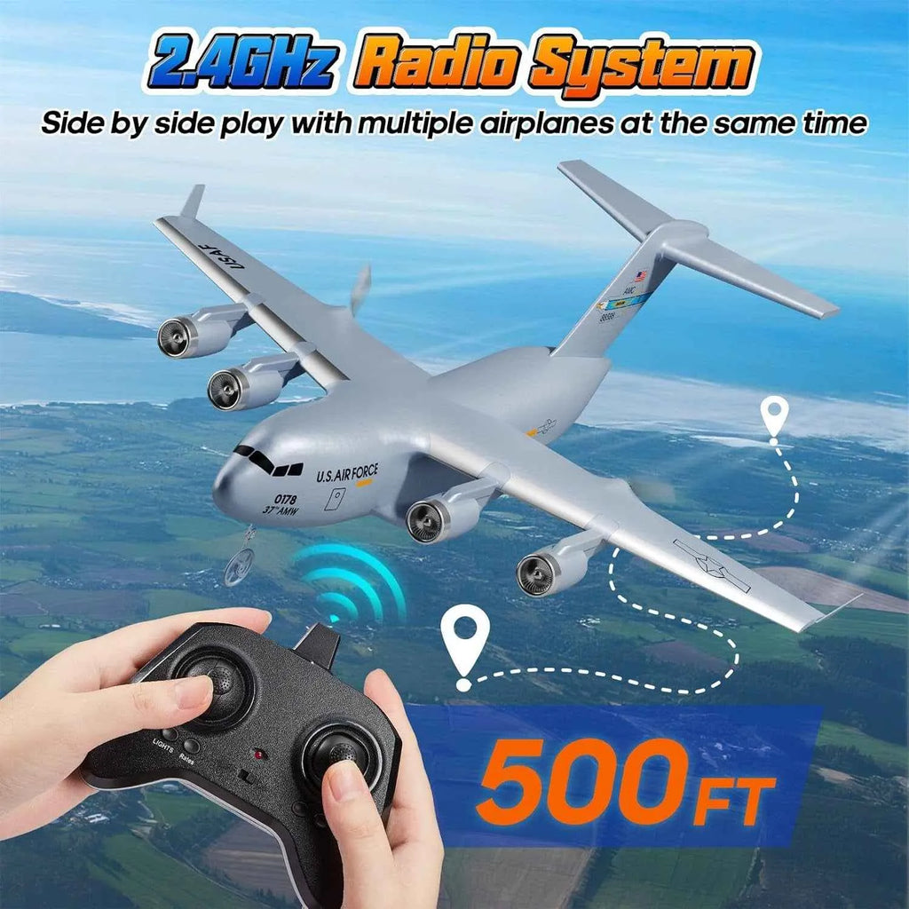 RC airplane with 2.4GHz radio system and remote control, flying over a landscape.