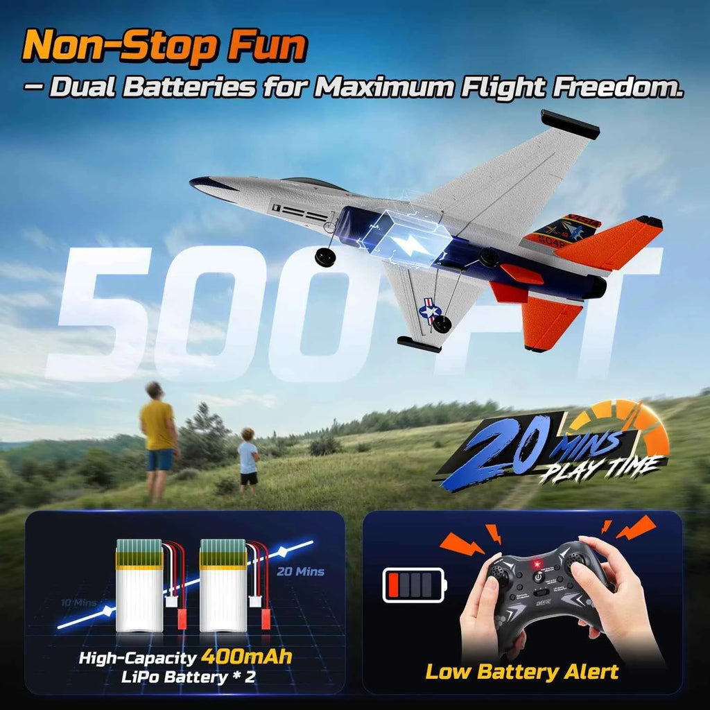RC airplane with dual batteries for maximum flight freedom, controlled by a remote control.