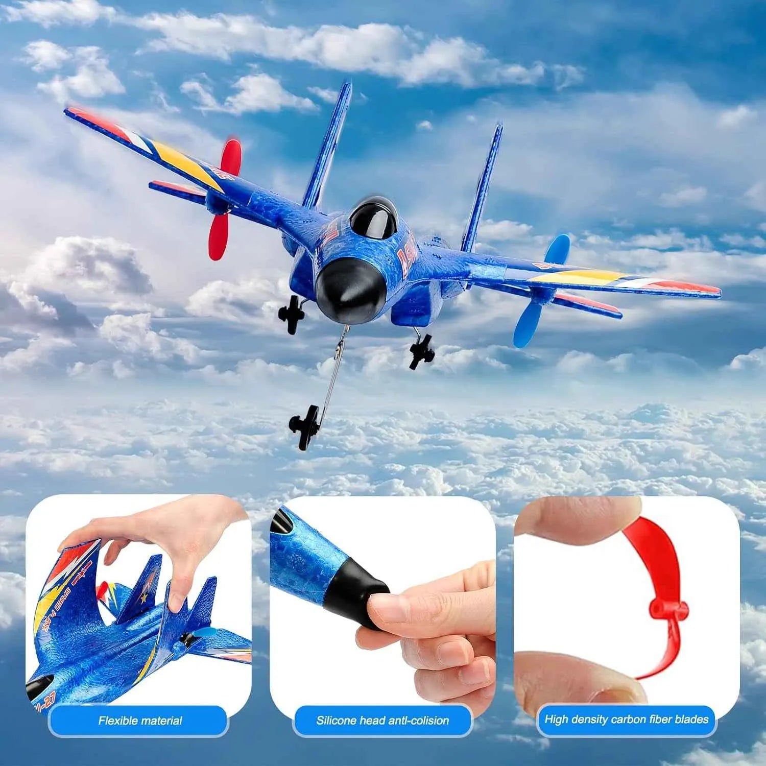 RC airplane with flexible material, silicone head anti-collision, and high-density carbon fiber blades against a cloudy sky.