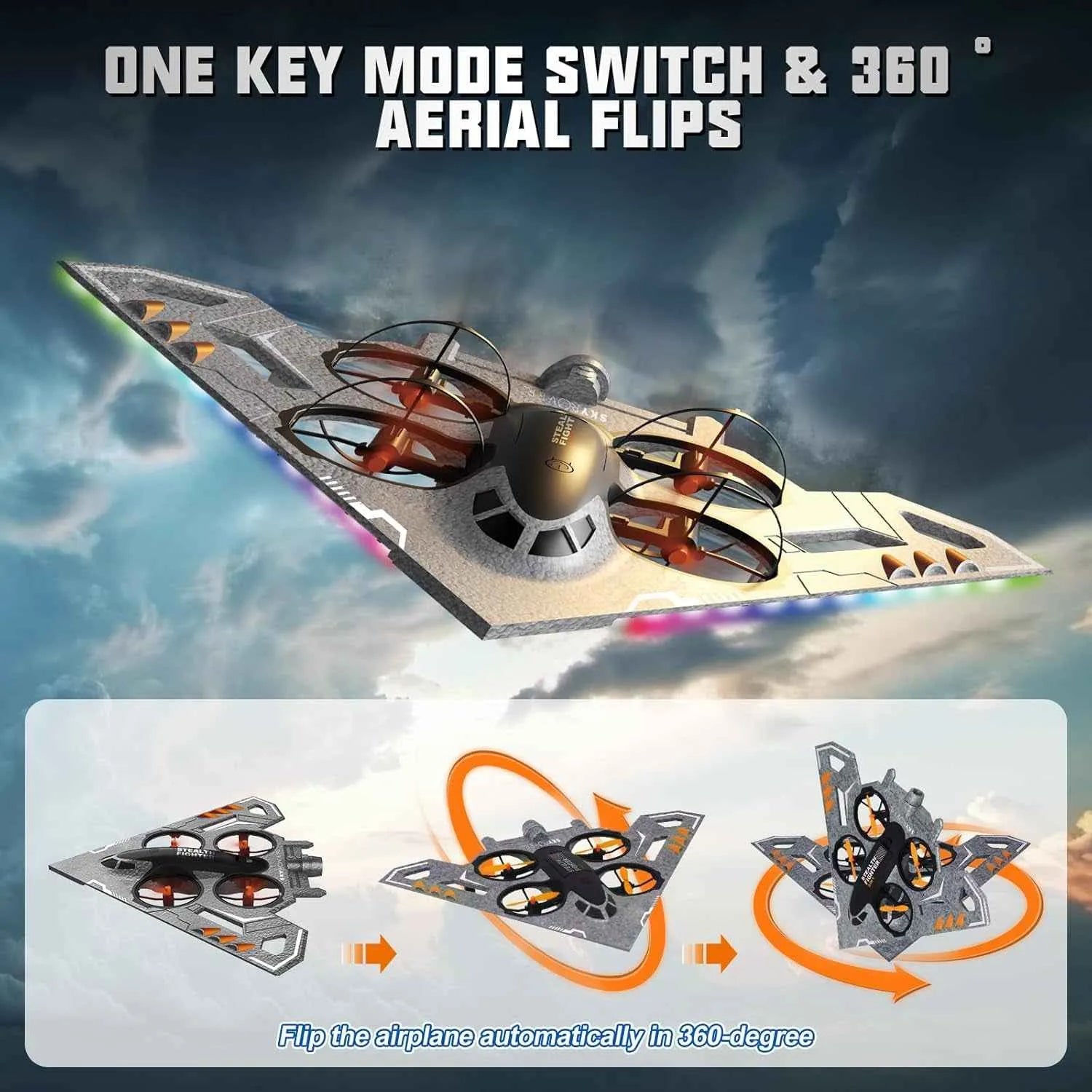 RC airplane with one key mode switch and 360-degree aerial flips against a cloudy sky background.