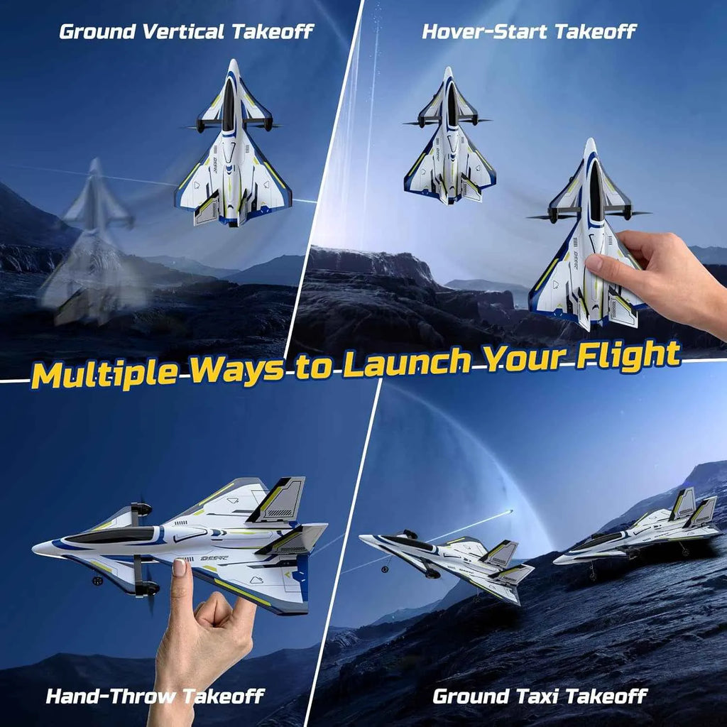 RC airplane with various takeoff methods illustrated on a scenic background.