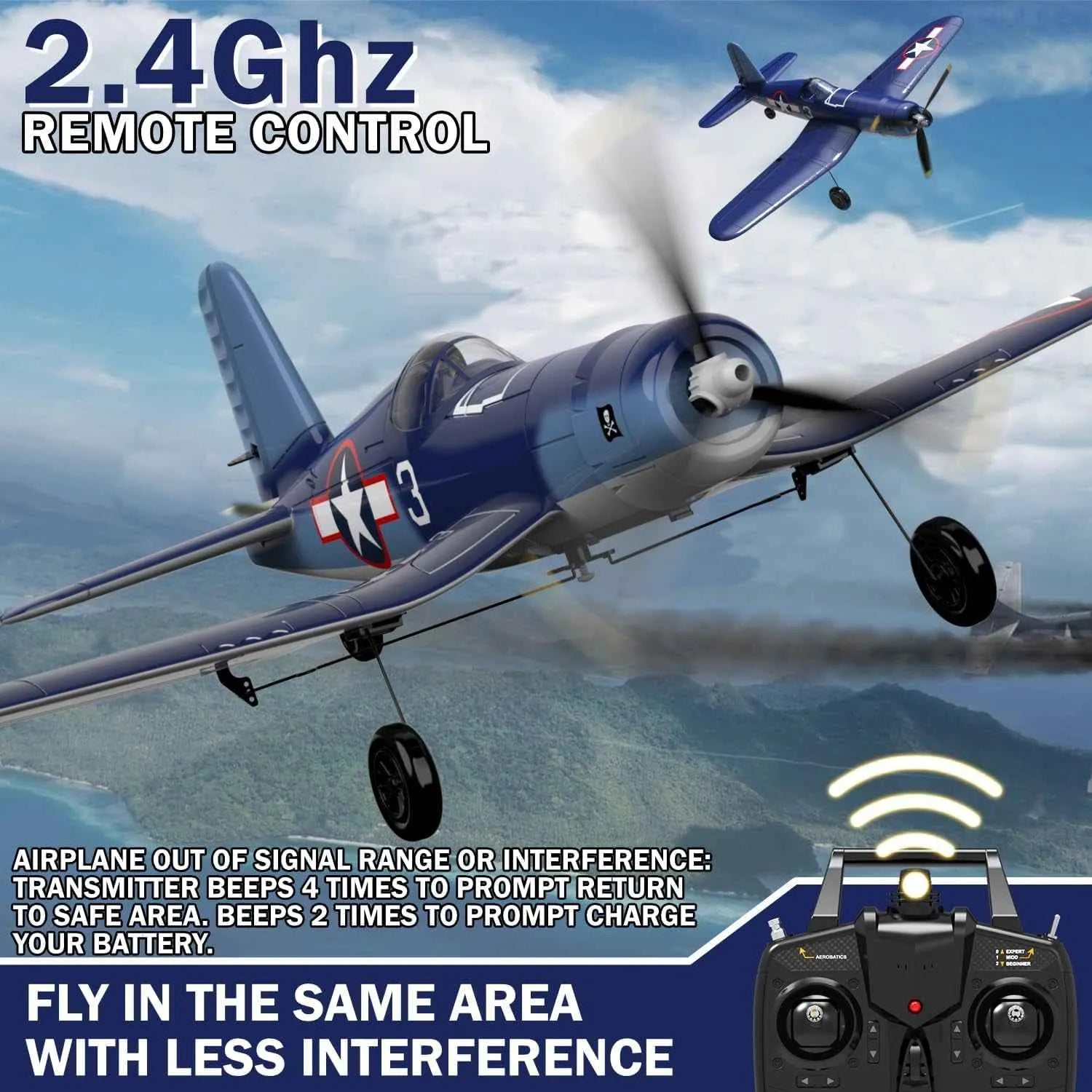 RC blue plane with remote control feature in air.