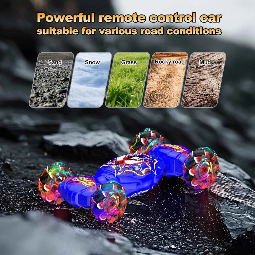 RC blue stunt car on a rocky terrain and text overlay