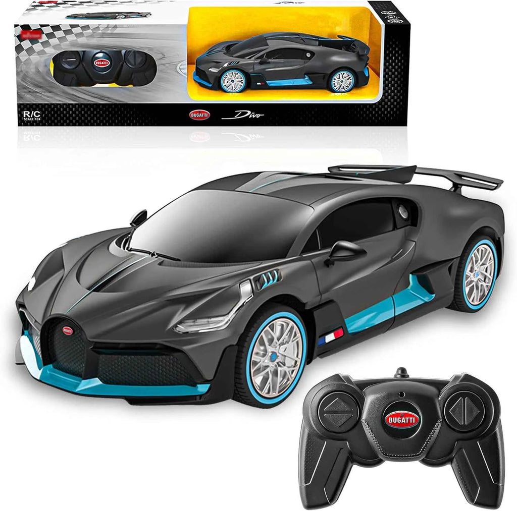 Rc Bugatti sports car with remote control and packaging on a white background
