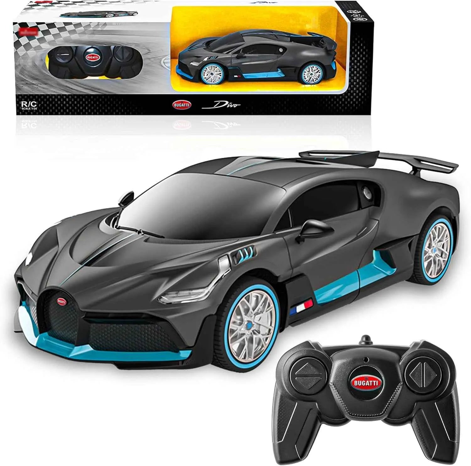 Rc Bugatti sports car with remote control and packaging on a white background