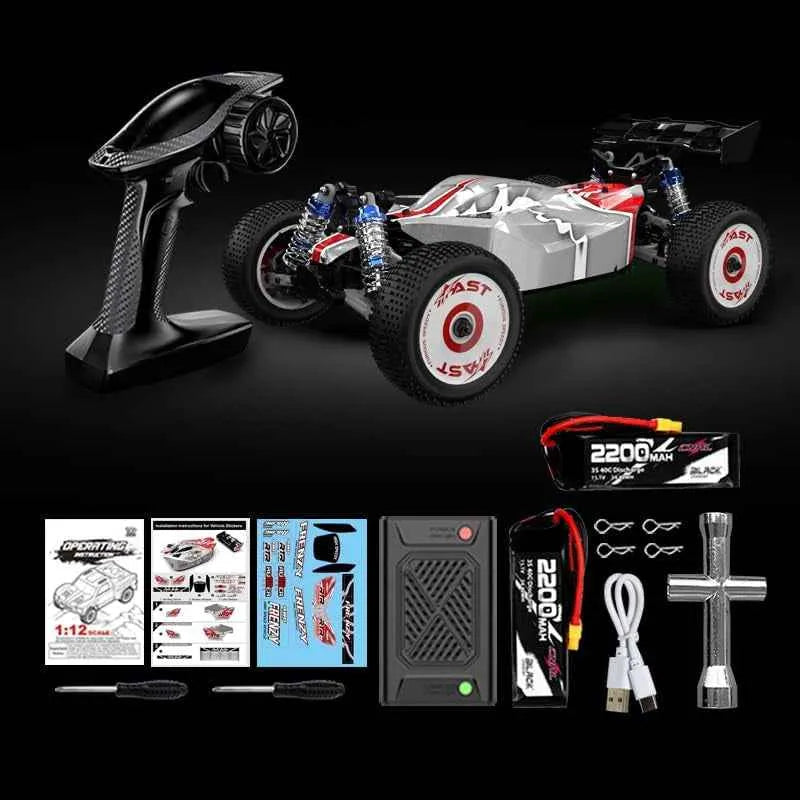 RC buggy kit with remote control, battery, and accessories on a black background