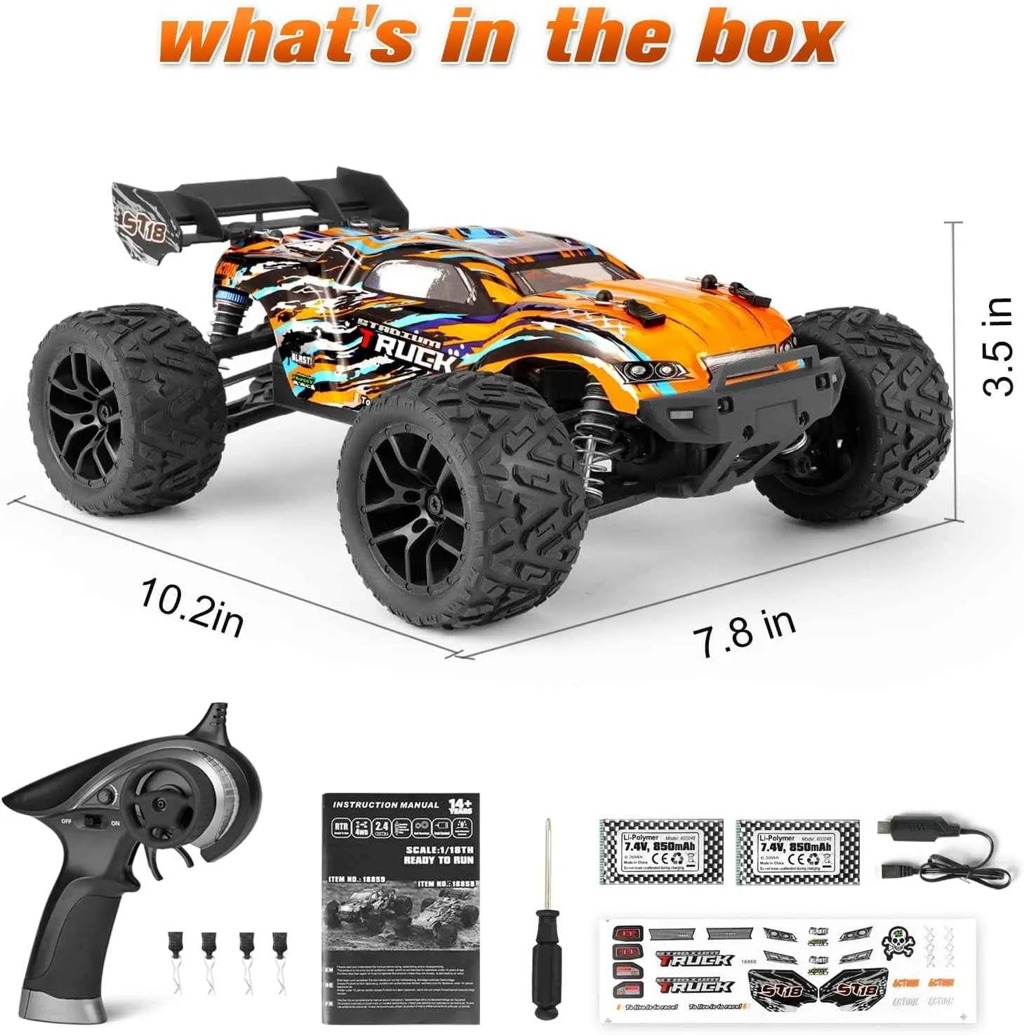 Remote control buggy with accessories and dimensions displayed on a white background