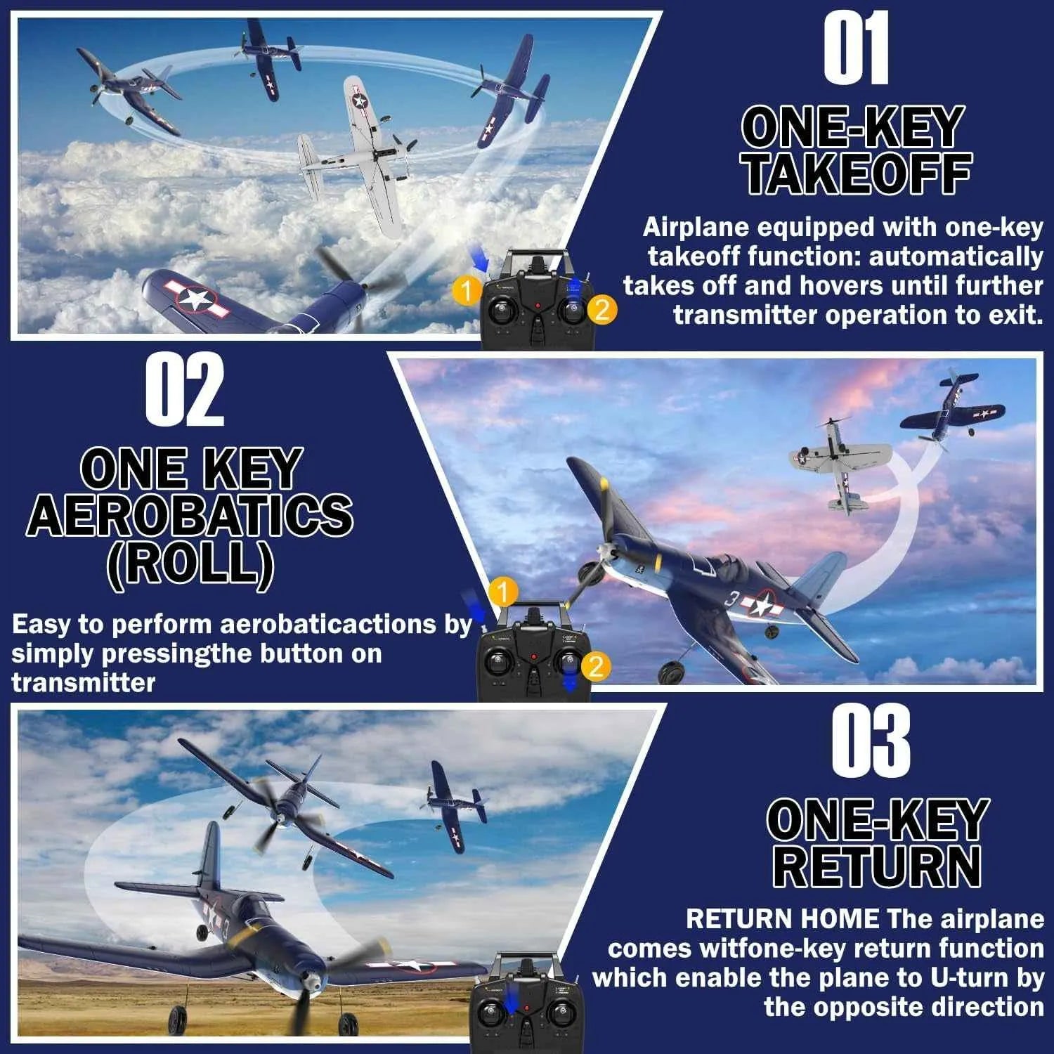 RC corsair blue plane with 3 tips to how to take off.