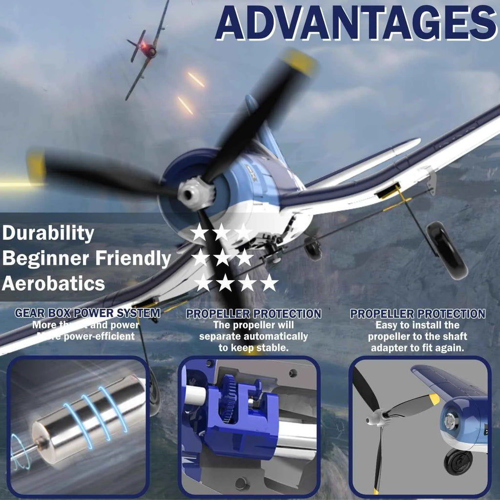 RC corsair blue plane with advantages mentioned and plane in air.